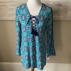 La Blanca exotic print swim coverup with laced neckline